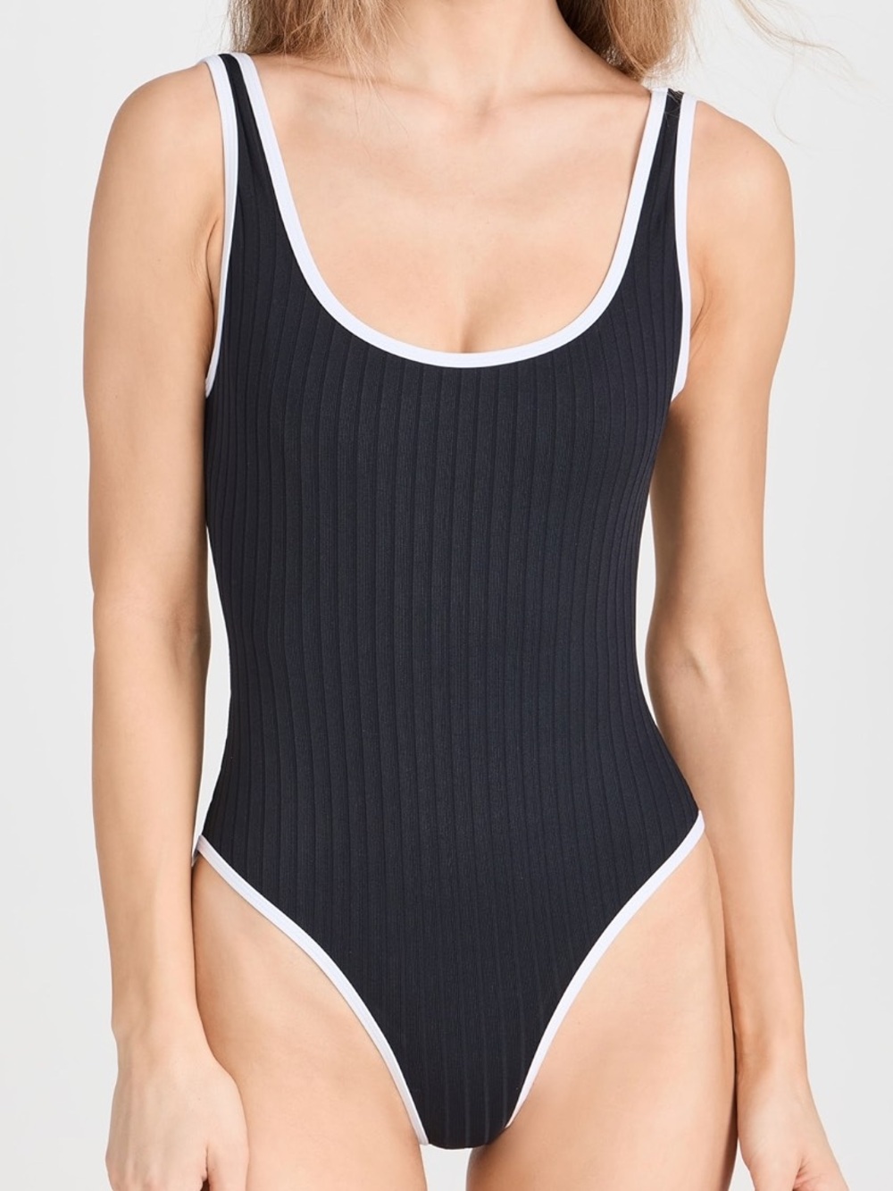 SOLID & STRIPED Black Ribbed One-Piece Swimsuit with White Trim